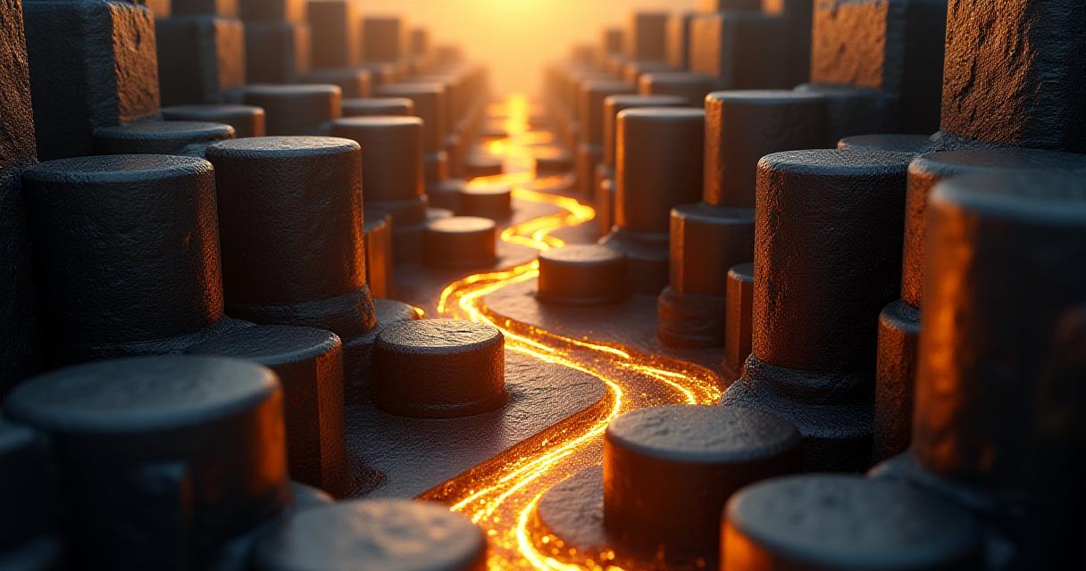 Abstract visualization of a complex data labyrinth with golden pathways