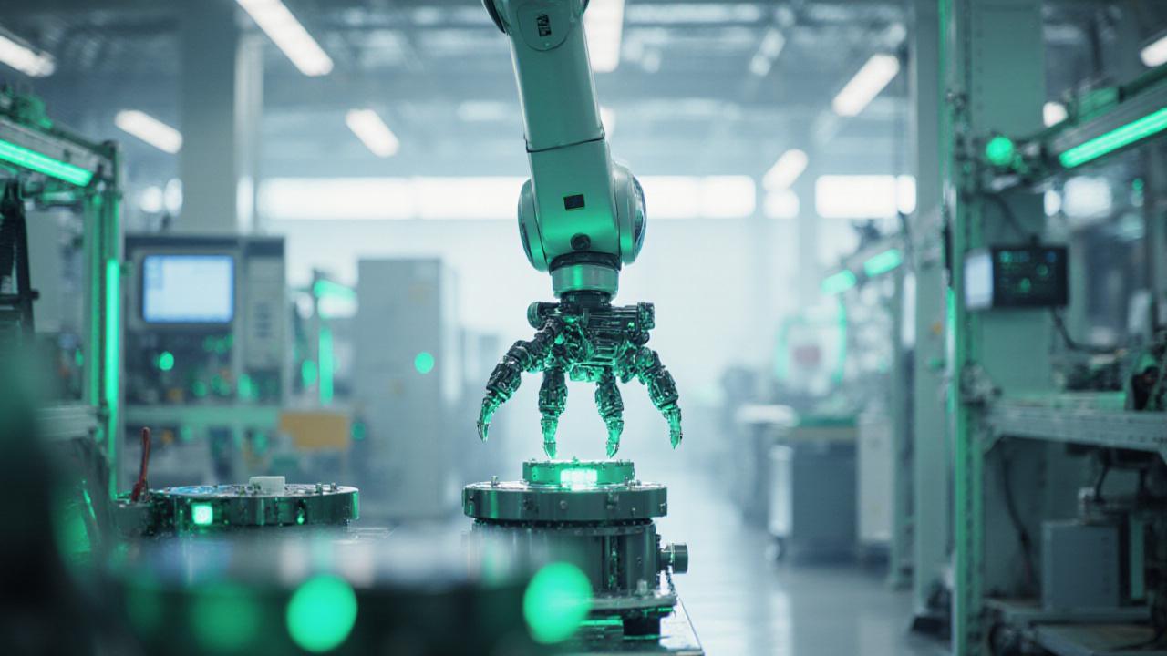 Modern UK manufacturing facility with precision robotic arms and clean production flow